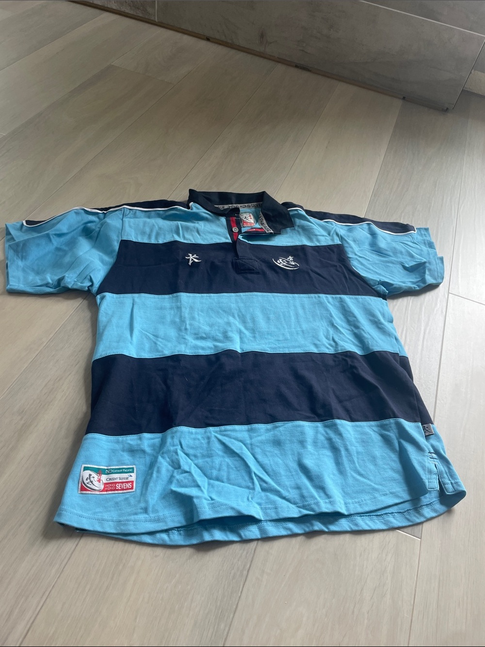 Men's Striped Rugby Polo Shirt in Light Blue & Navy